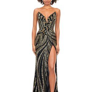 Ashley Lauren 11236 Long Fitted V Neck Slit Beaded Sequin Prom Dress